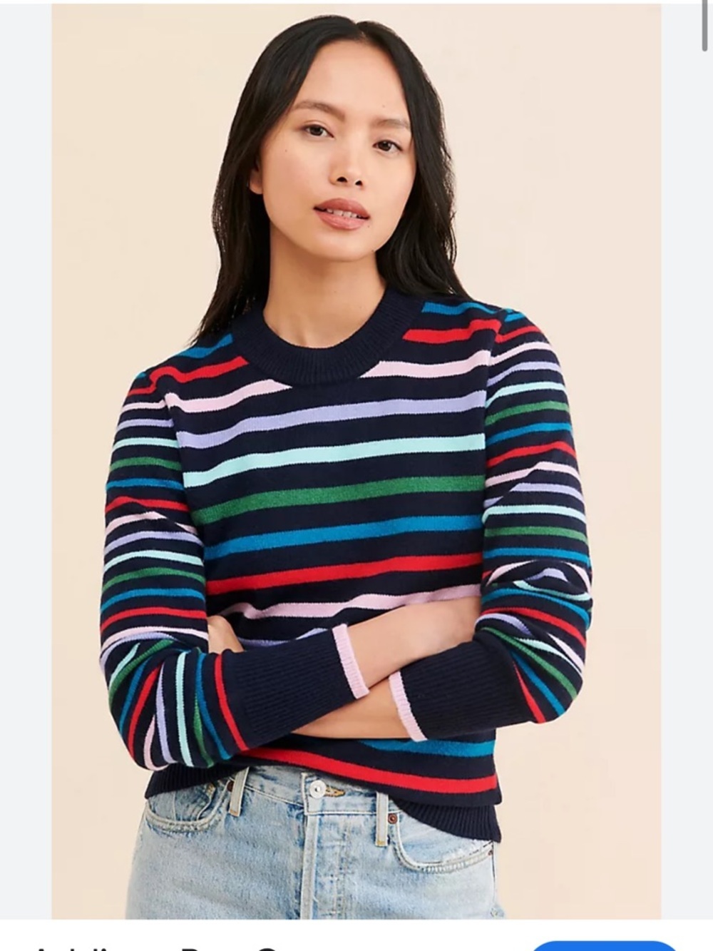 Addison Bay Knit Cypress Active Sweater NAVY MULTI STRIPE Crewneck Anthro Sz L
